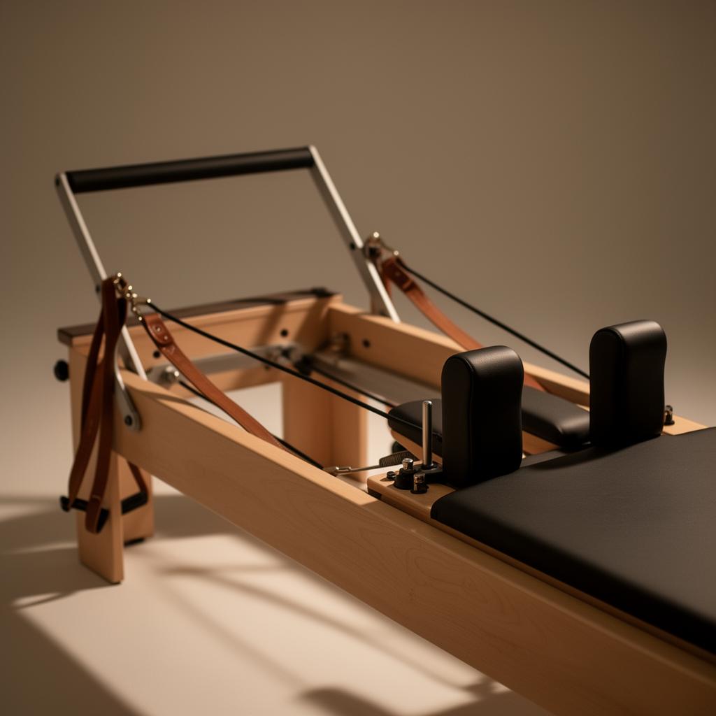 Wooden Pilates reformer next to a stack of mats in a Bury St Edmunds studio